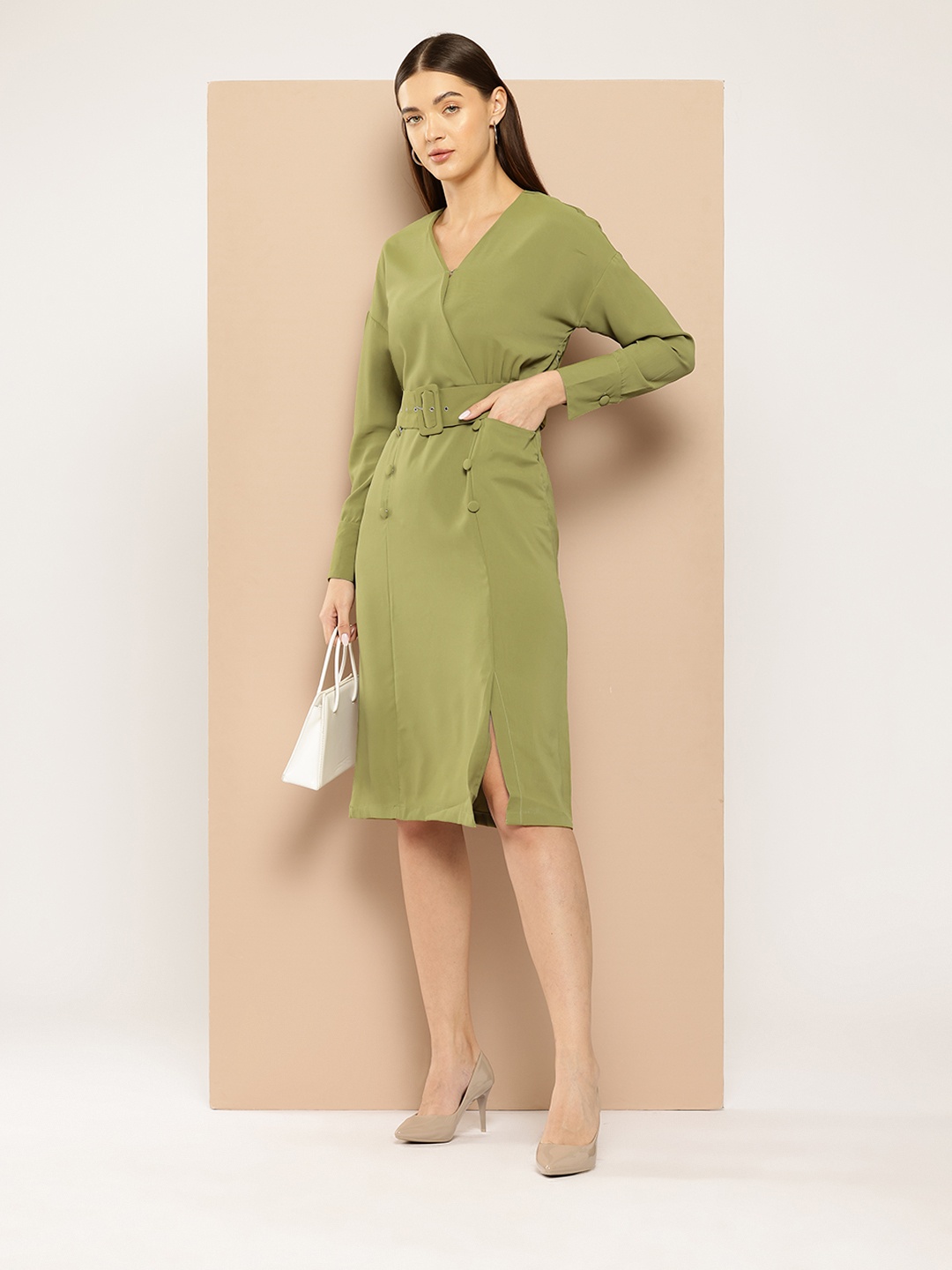 

Chemistry Buttoned Detail Wrap Dress with Belt, Green