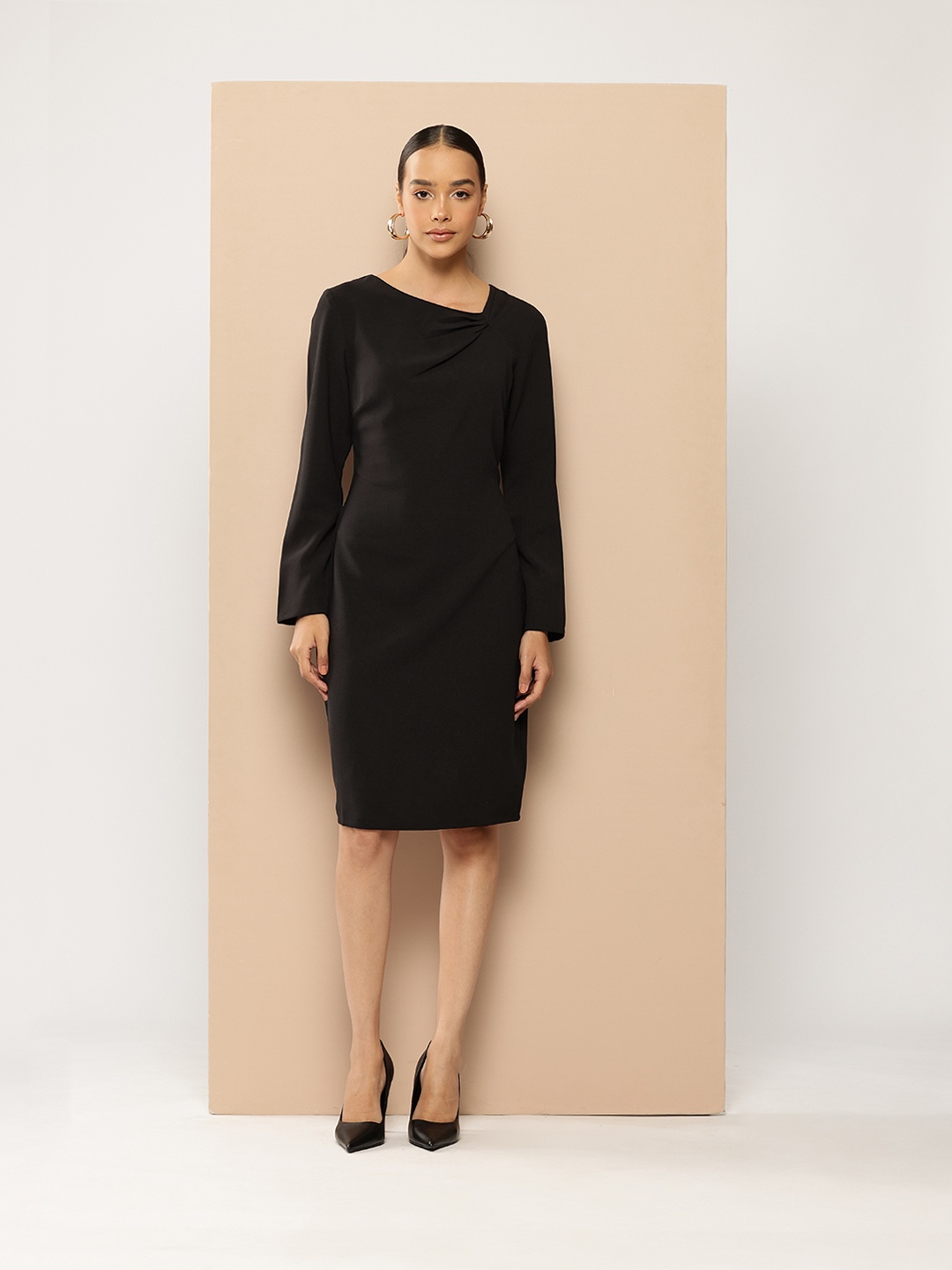 

Chemistry Asymmetric Neck Full Sleeves Sheath Dress, Black