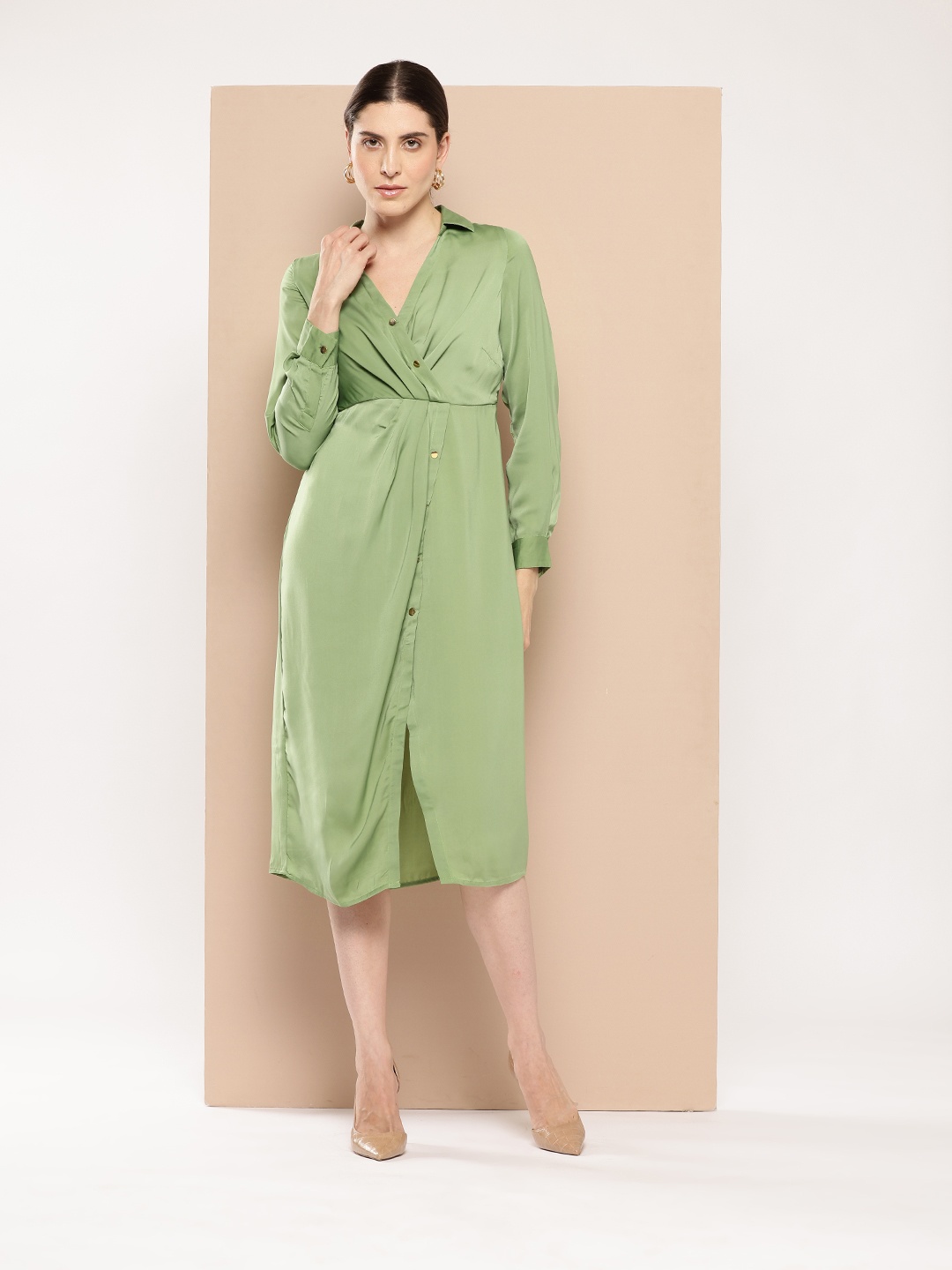 

Chemistry Pleated Wrap Shirt Dress, Green