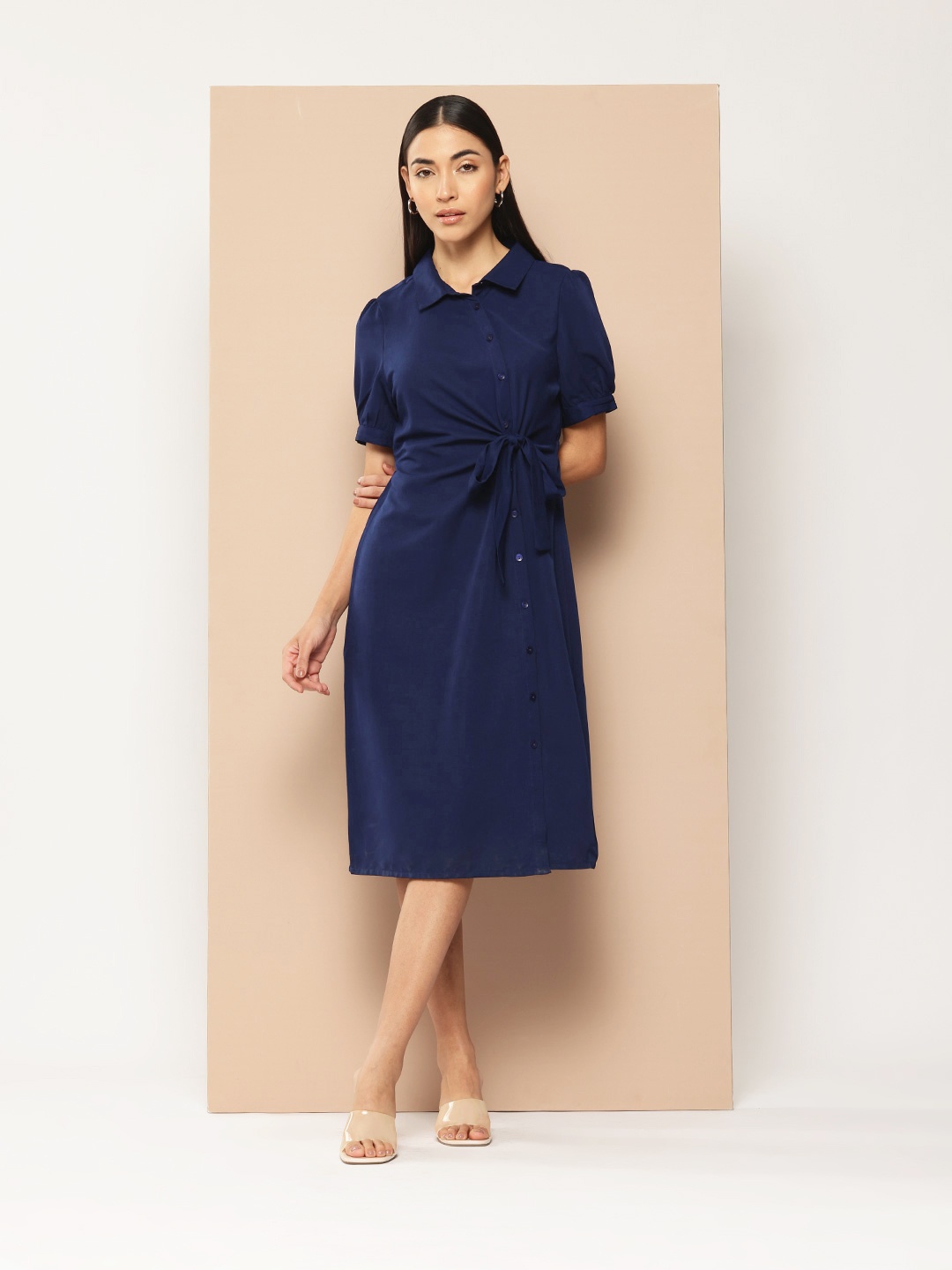 

Chemistry Waist Tie-Up Shirt Midi Dress, Navy blue