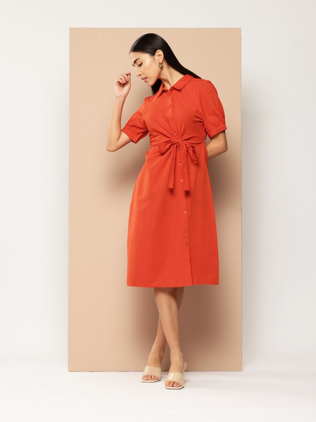 

Chemistry Waist Tie-Up Shirt Midi Dress, Orange