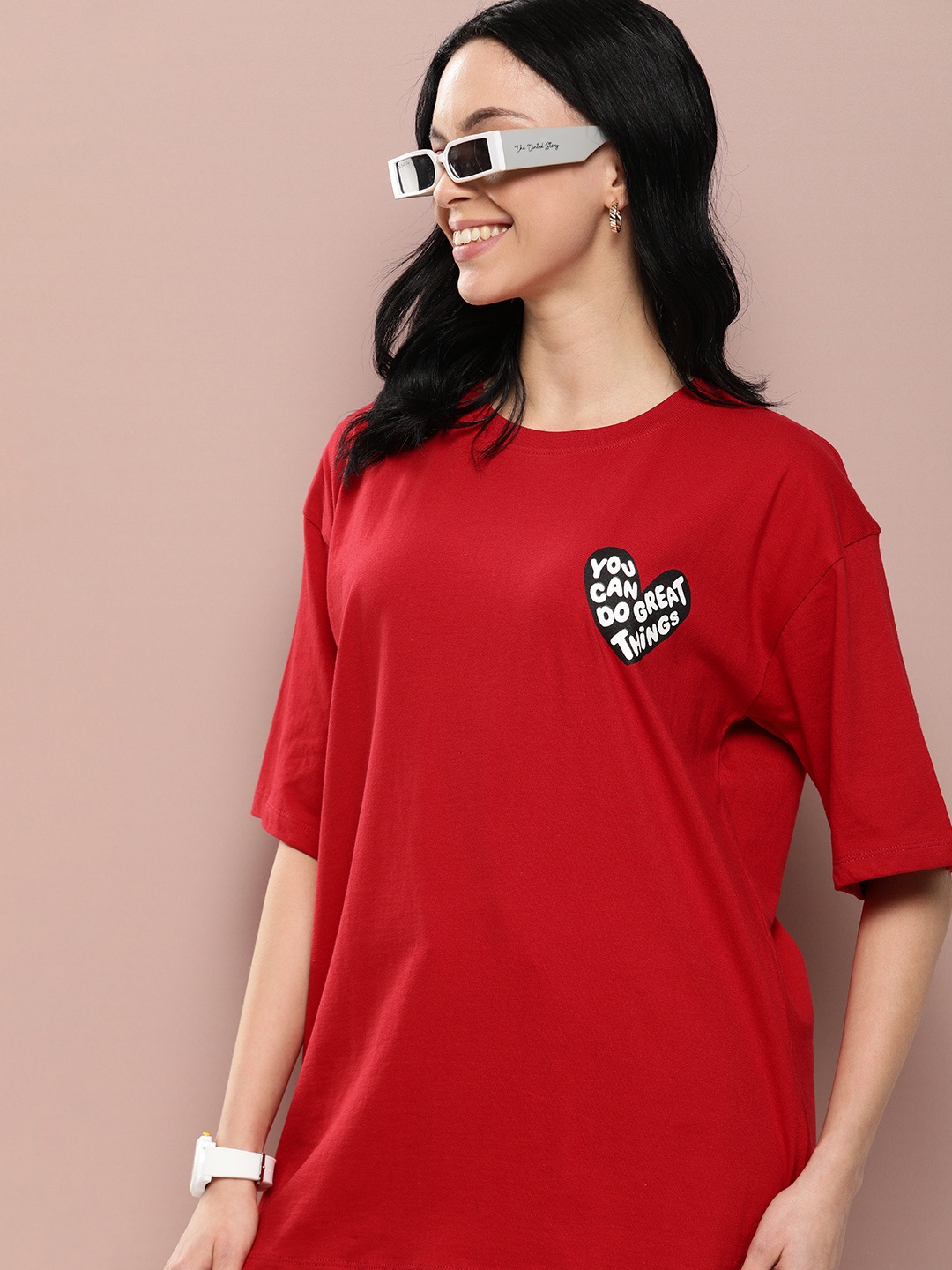

Harvard Pure Cotton Typography Printed Drop-Shoulder Sleeves T-shirt, Red