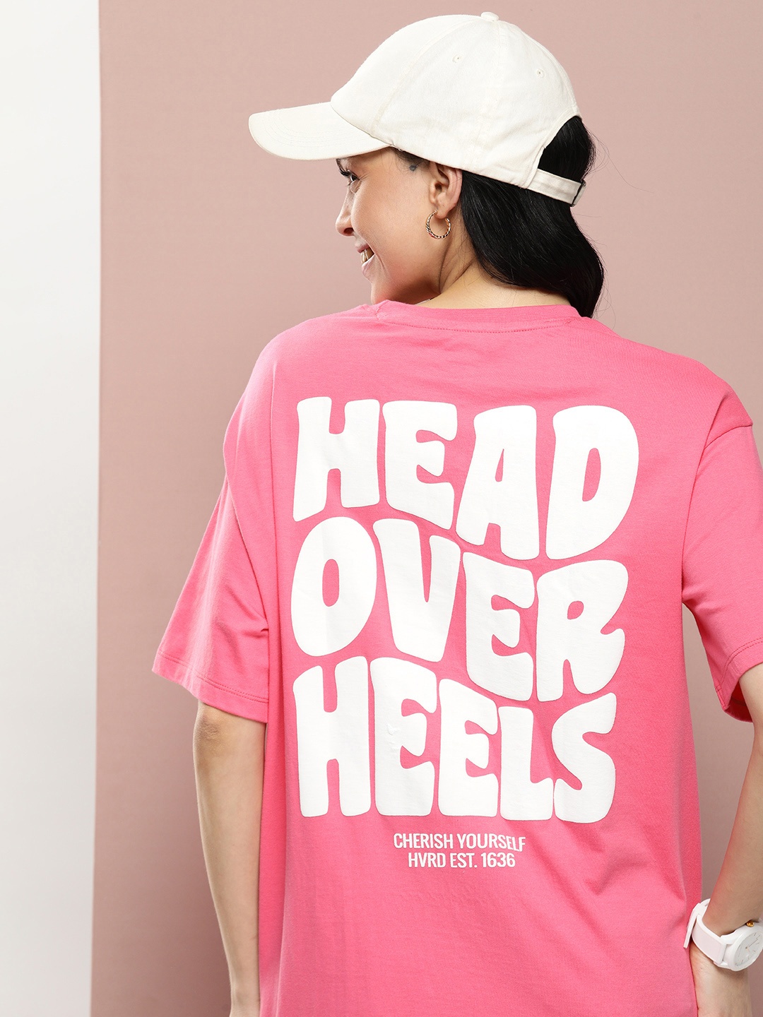 

Harvard Pure Cotton Typography Printed Drop-Shoulder Sleeves T-shirt, Pink