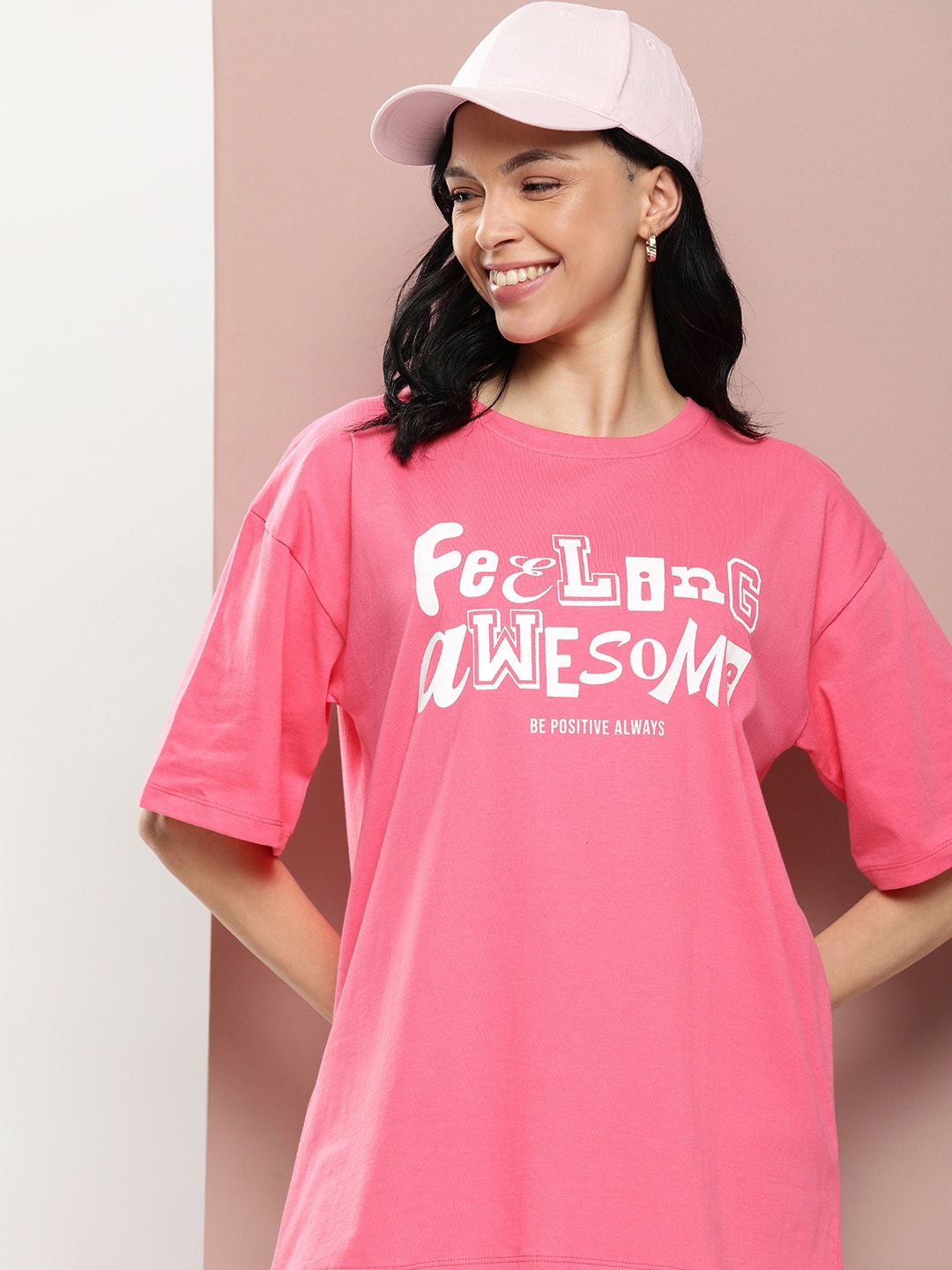 

Harvard Pure Cotton Typography Printed Drop-Shoulder Sleeves T-shirt, Pink