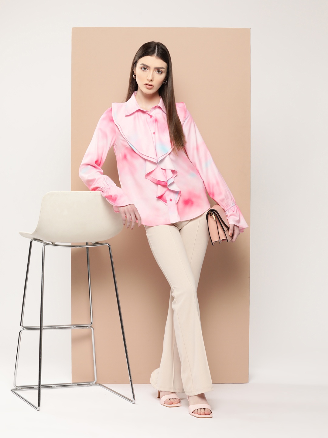 

her by invictus Dyed Ruffled Casual Shirt, Pink