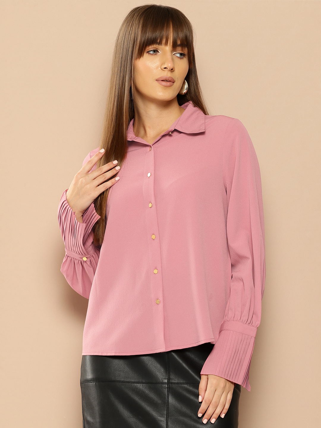

her by invictus Accordion Pleats Cuffs Casual Shirt, Rose