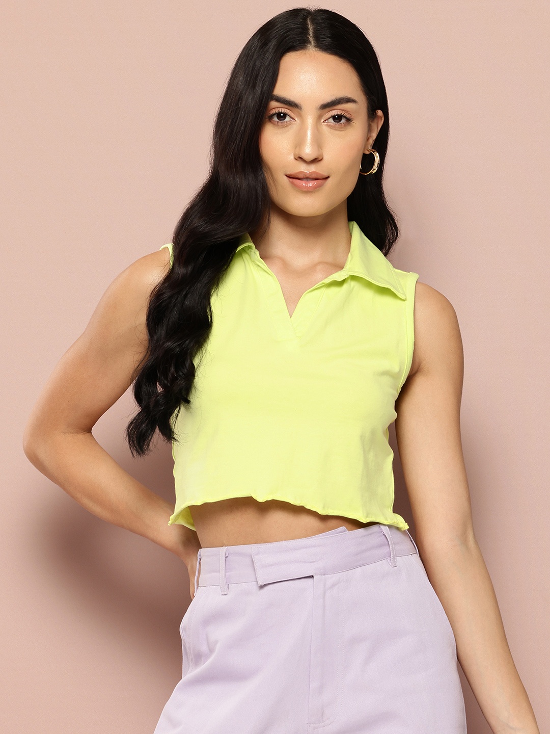 

Harvard Solid Sleeveless Crop Top with Lettuce Hem Detail, Green