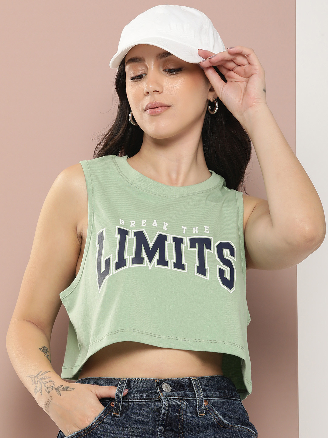 

Harvard Printed Pure Cotton Tank Crop Top, Green