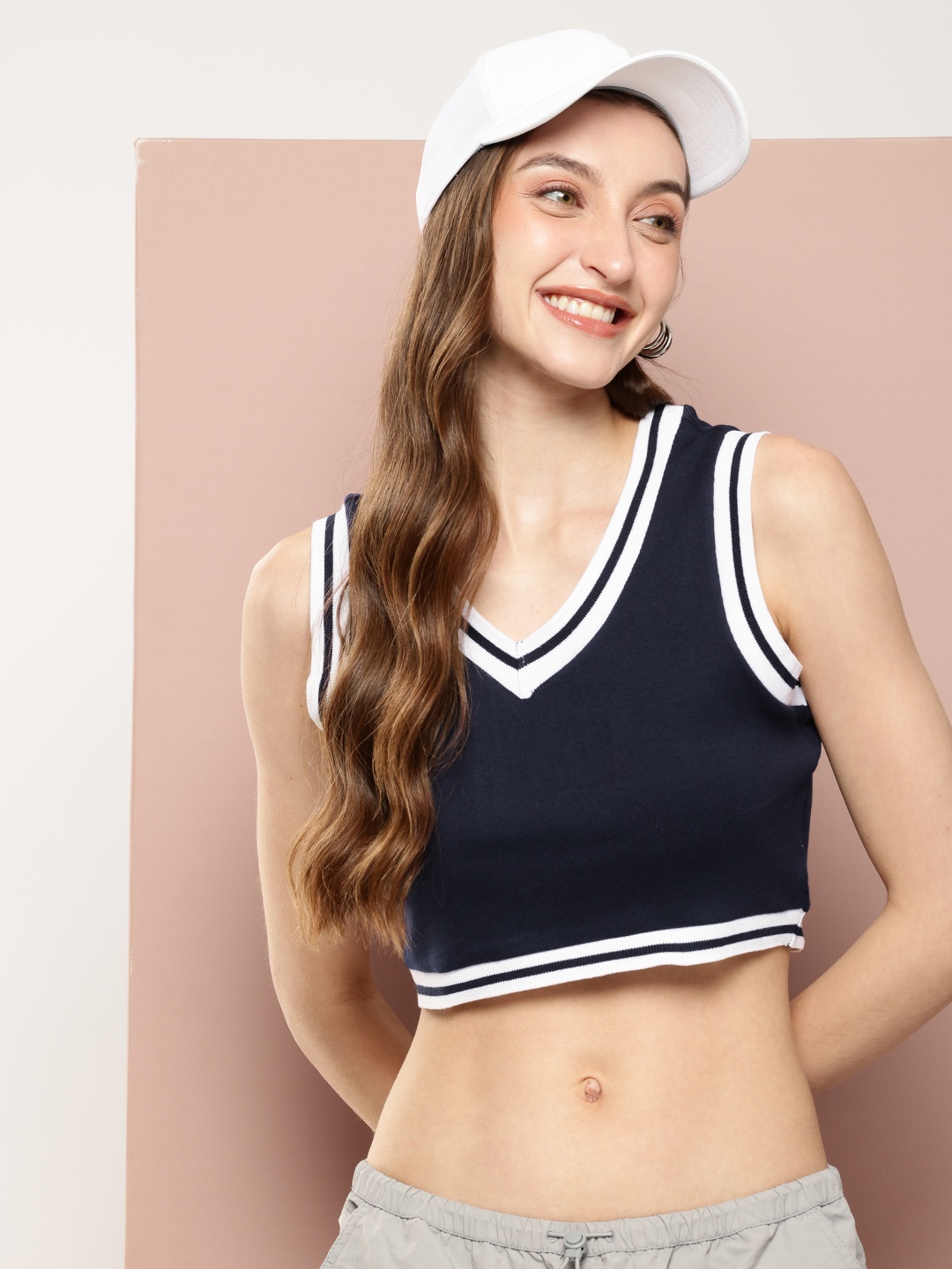 

Harvard Pure Cotton V-Neck Ribbed Sleeveless Crop Top, Navy blue
