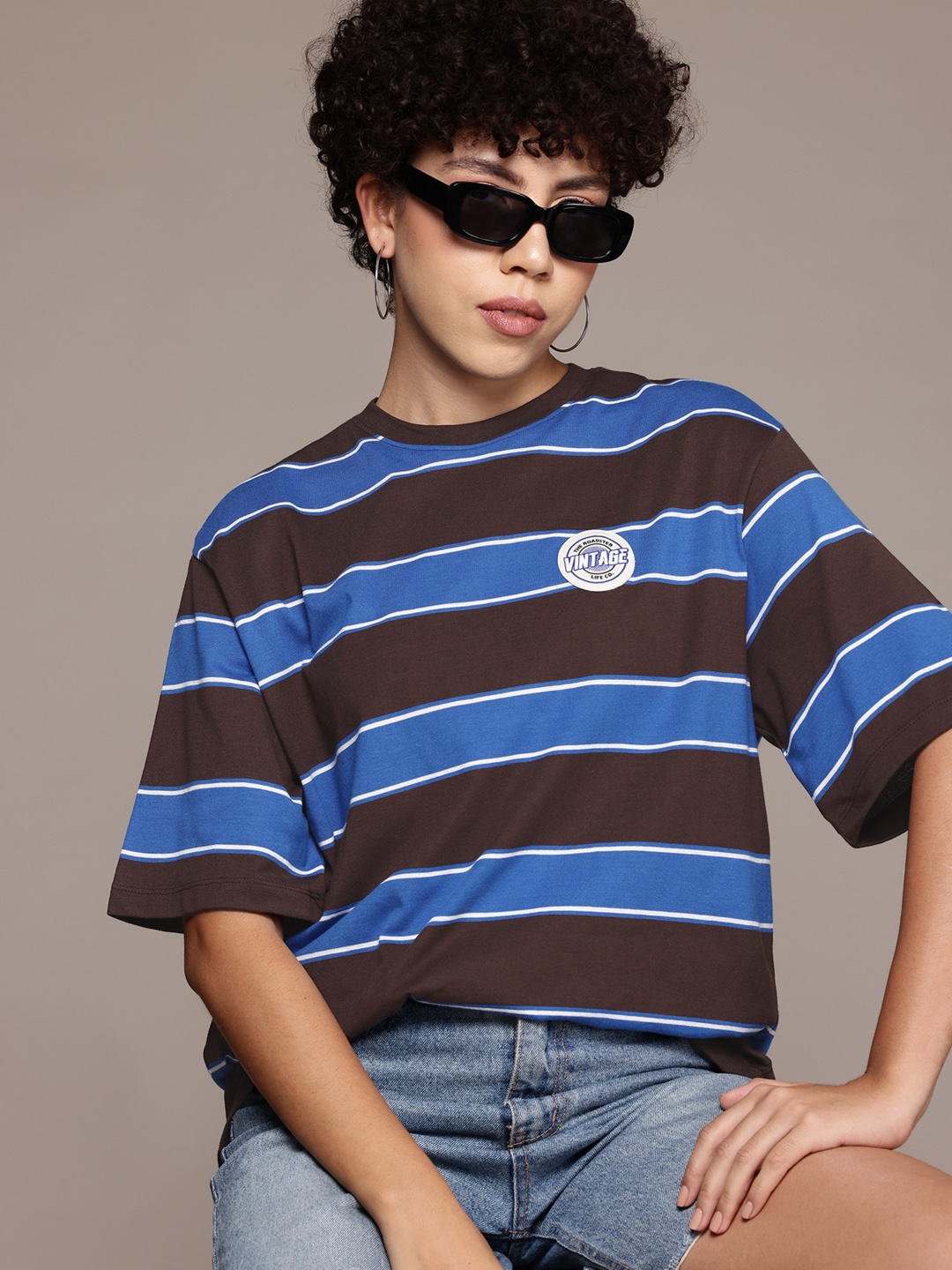 

The Roadster Lifestyle Co. Striped Drop-Shoulder Sleeves T-shirt, Blue
