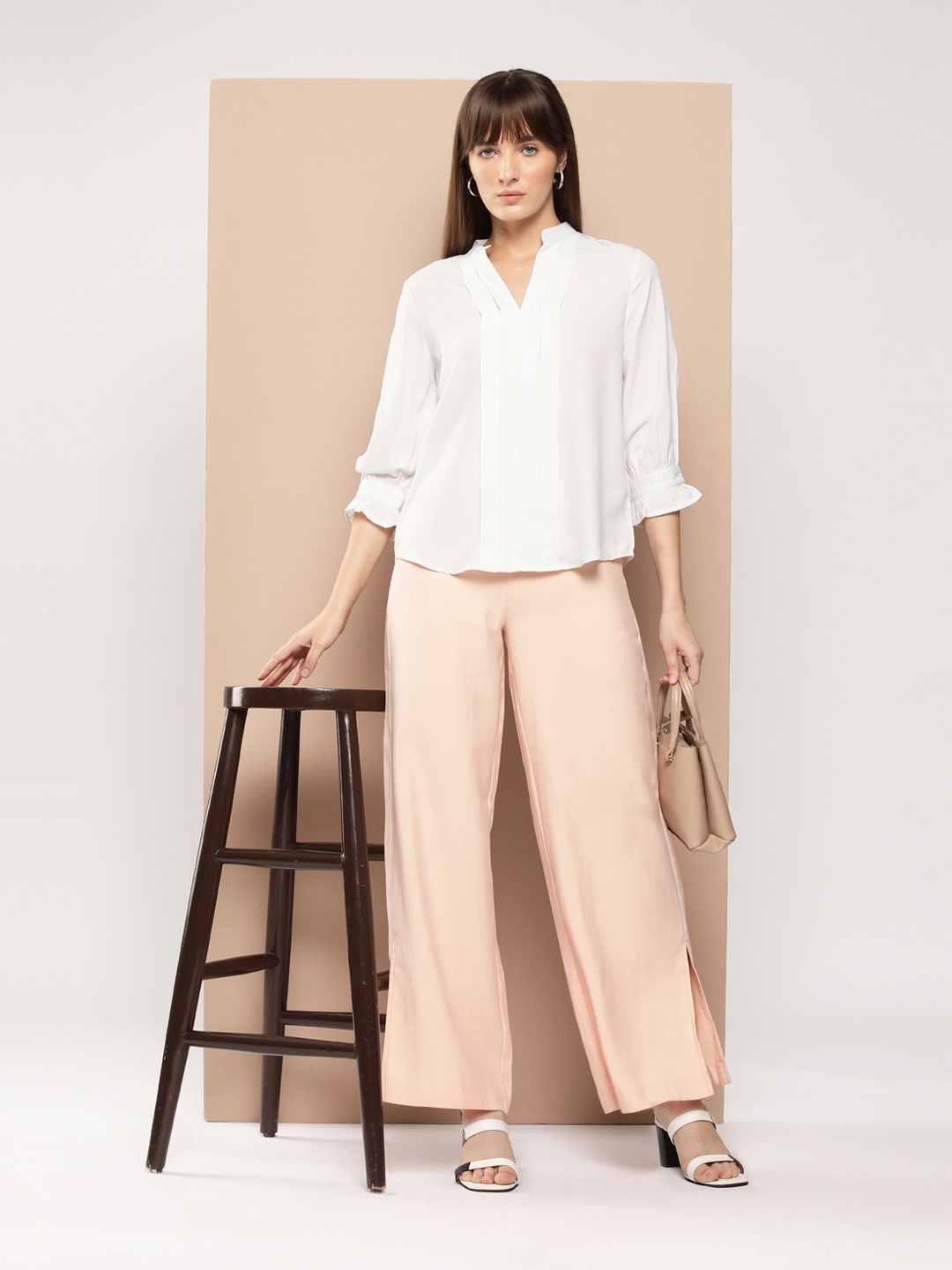 

her by invictus Mandarin Collar Pleated Top, White