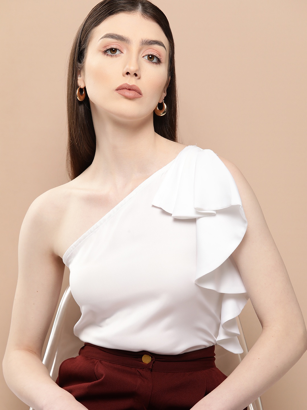 

her by invictus One Shoulder Ruffles Top, White