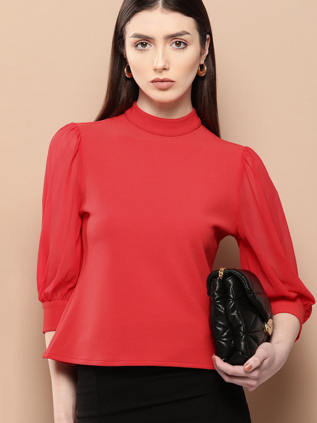 

her by invictus Solid Puff Sleeves Top, Red