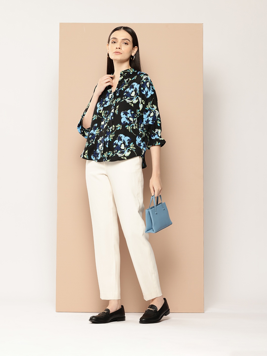 

her by invictus Floral Print Mandarin Collar Top, Black