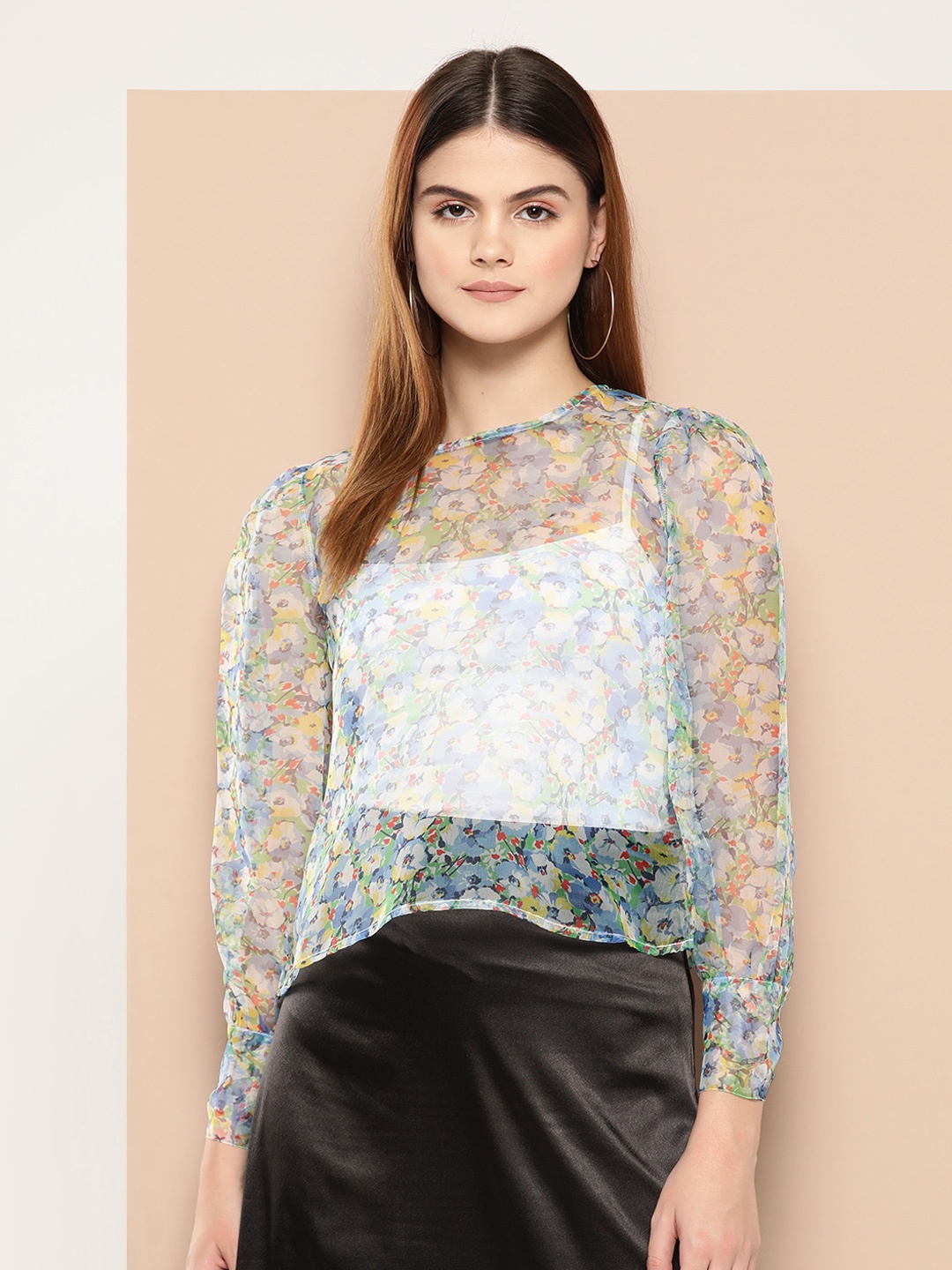 

her by invictus Floral Print Puff Sleeves Top, Blue