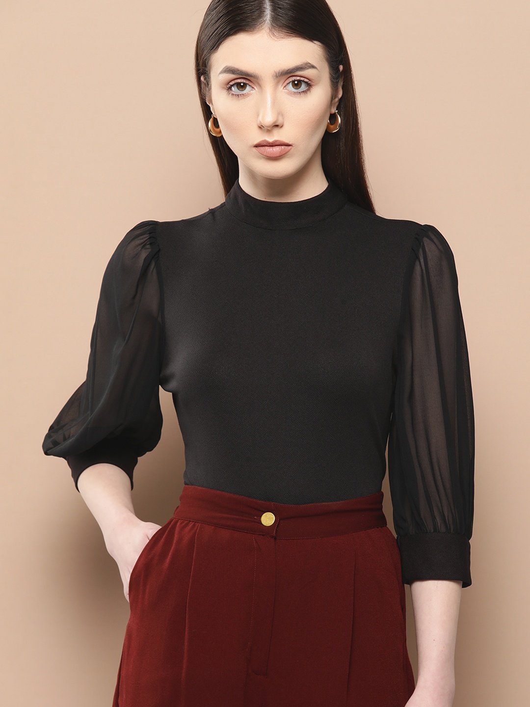 

her by invictus Solid Puff Sleeves Top, Black