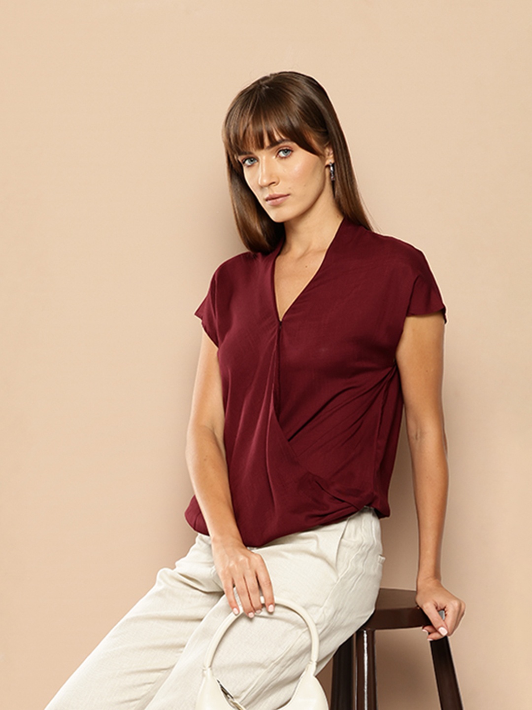 

her by invictus Wrap Style Blouson Top, Burgundy