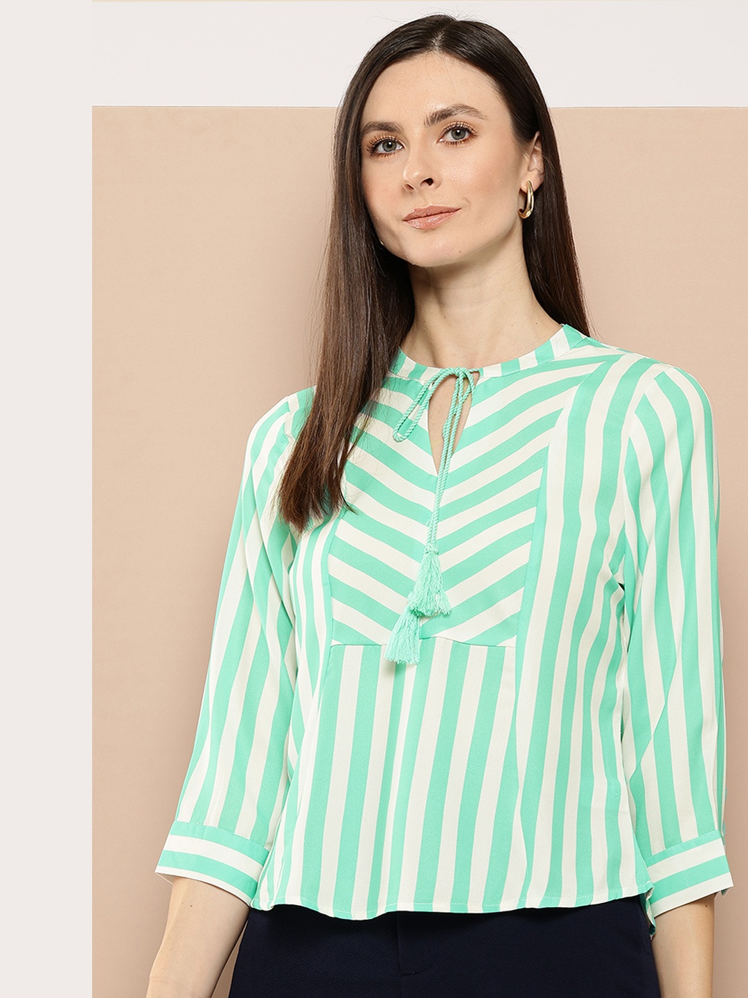 

Chemistry Striped Tie-Up Neck Top, Green
