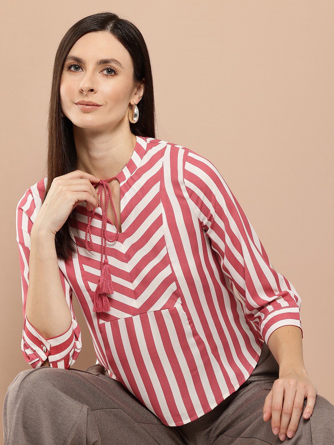 

Chemistry Striped Tie-Up Neck Top, Pink