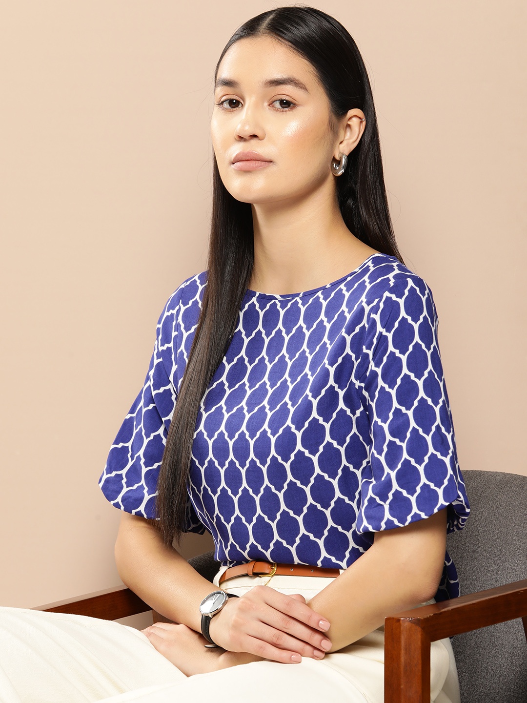 

Chemistry Ethnic Print Puff Sleeve Top, Blue