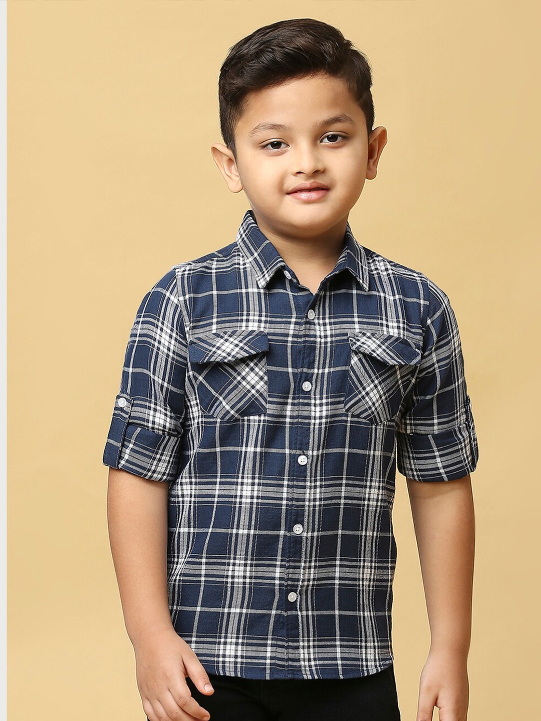 

Killer Boys Tartan Checked Smart Twill Organic Cotton Casual Shirt, Navy blue