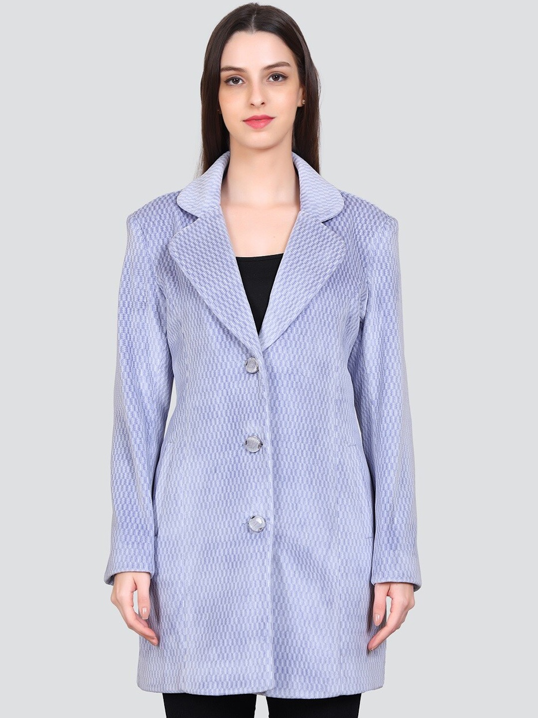 

YOUNG CLUB CLASSIC Self Design Notched Lapel Woollen Longline Overcoat, Blue