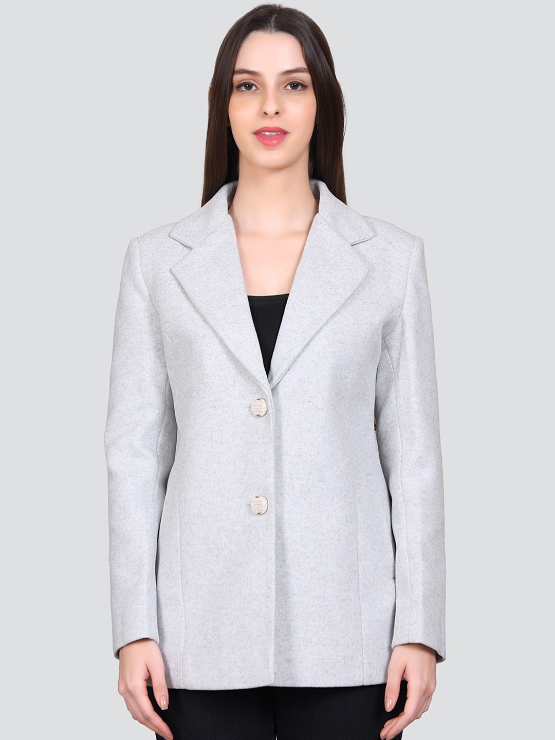 

YOUNG CLUB CLASSIC Self design Notched Collar Long Sleeves Woollen Overcoat, Grey