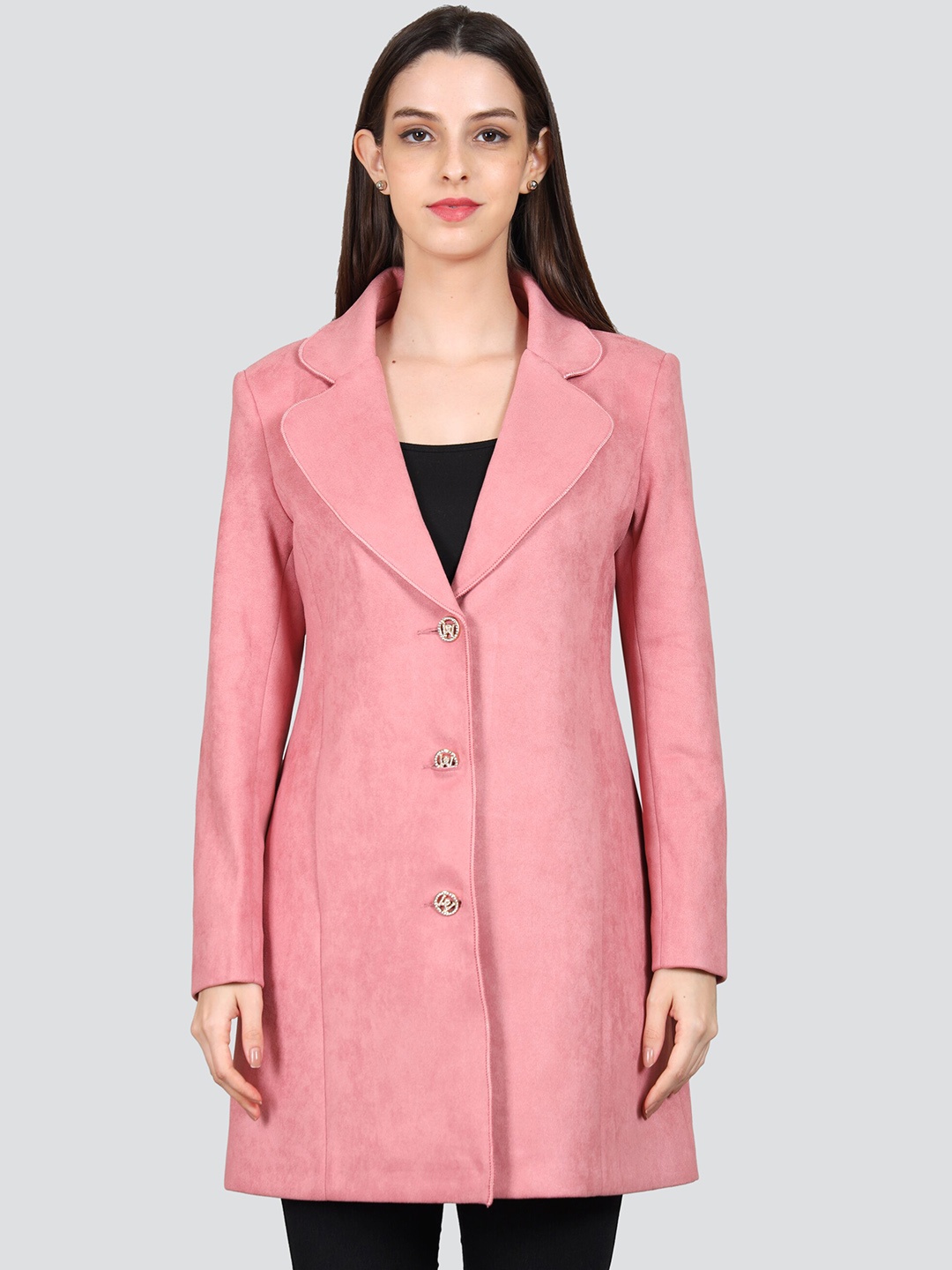 

YOUNG CLUB CLASSIC Self Design Notched Collar Long Sleeves Woollen Longline Overcoat, Pink