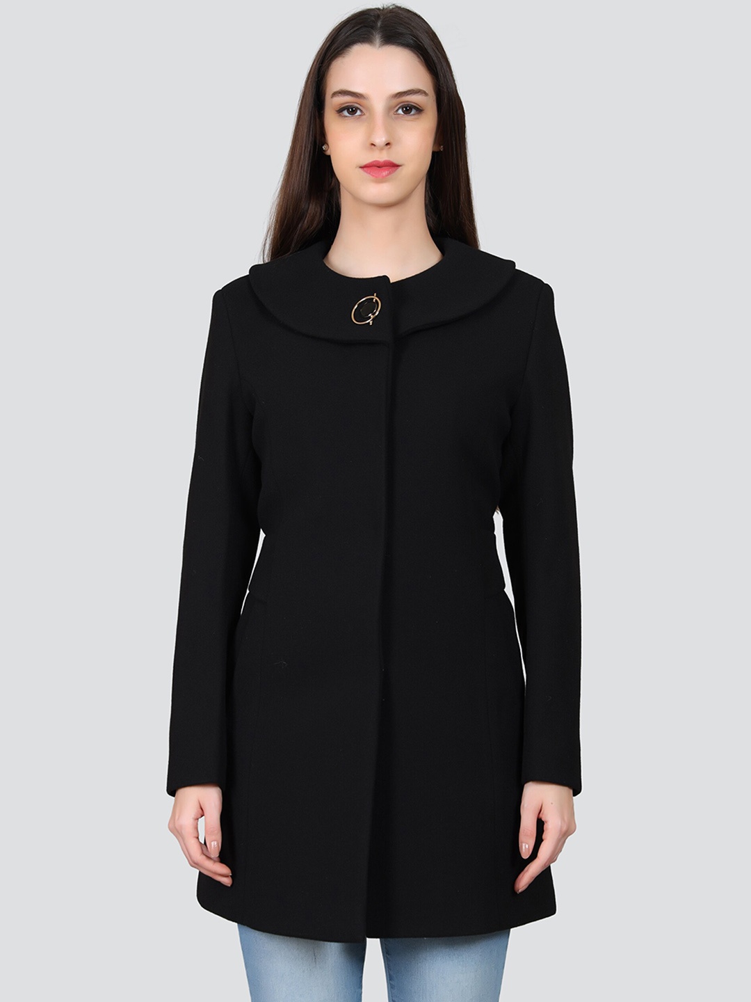 

YOUNG CLUB CLASSIC Mock Collar Longline Woollen Overcoat, Black