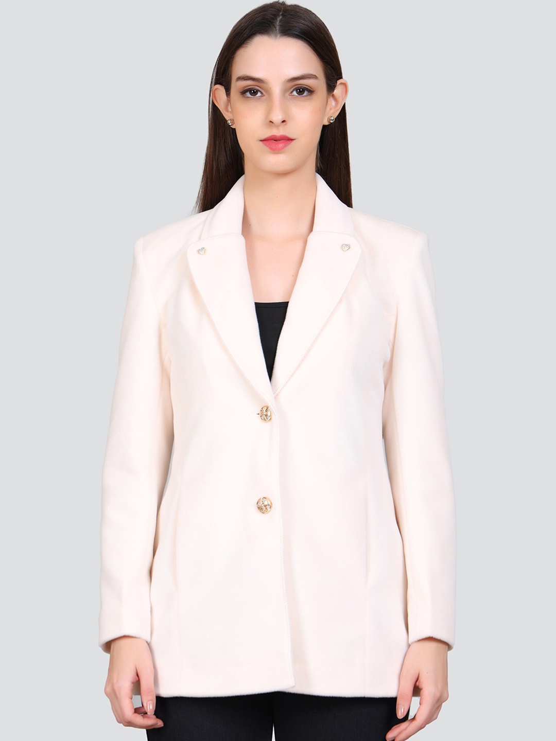 

YOUNG CLUB CLASSIC Notched Collar Long Sleeves Woollen Overcoat, Off white