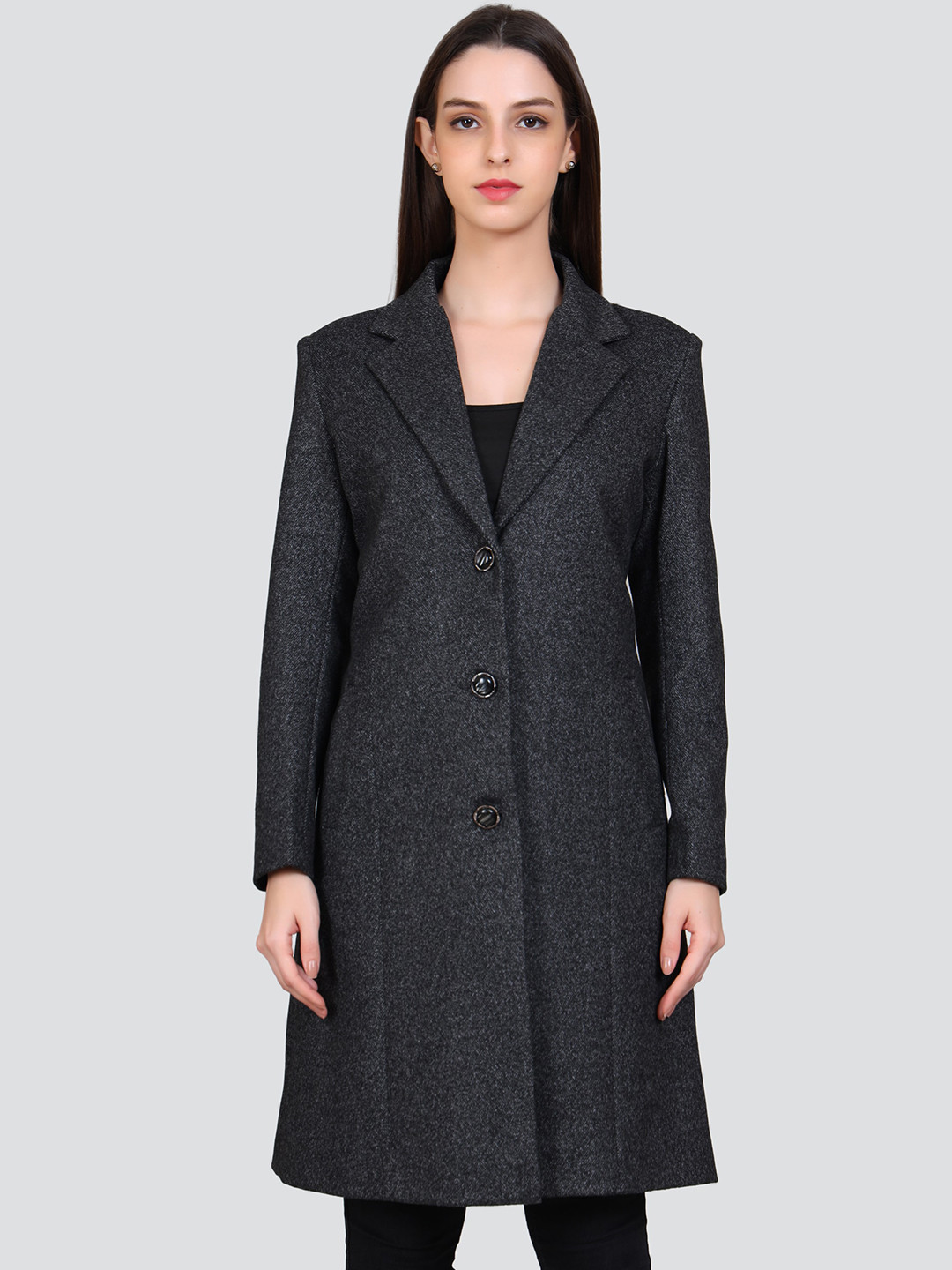

YOUNG CLUB CLASSIC Notched Lapel Woollen Longline Overcoat, Black