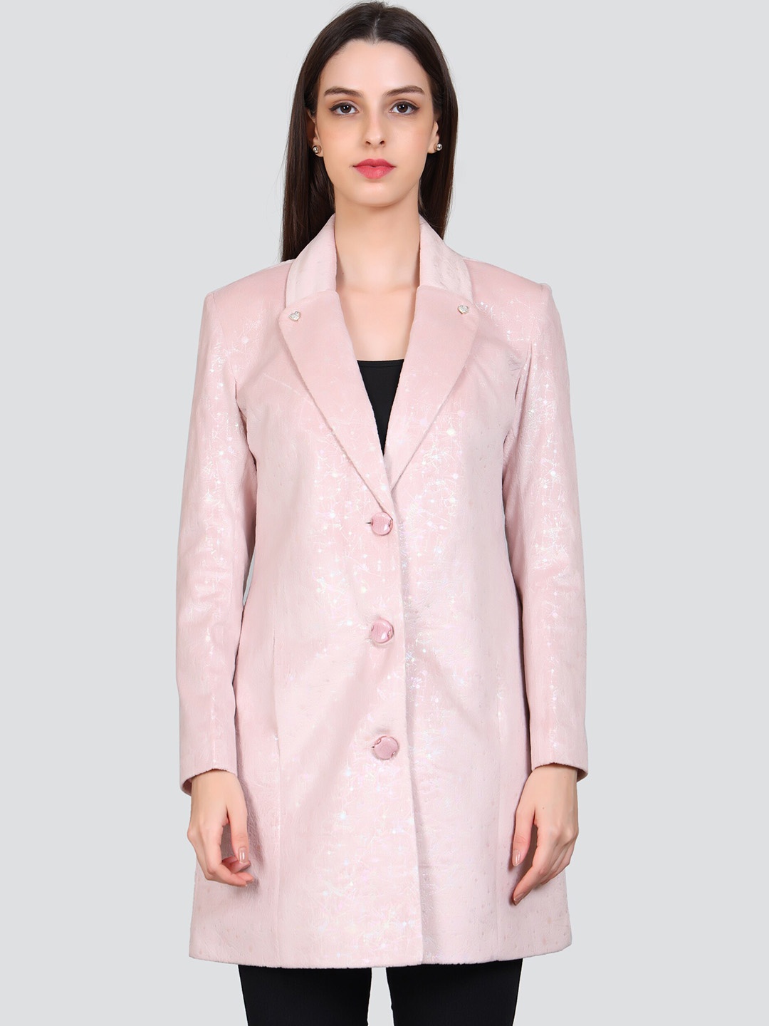 

YOUNG CLUB CLASSIC Self Design Notched Collar Woollen Longline Overcoat, Pink