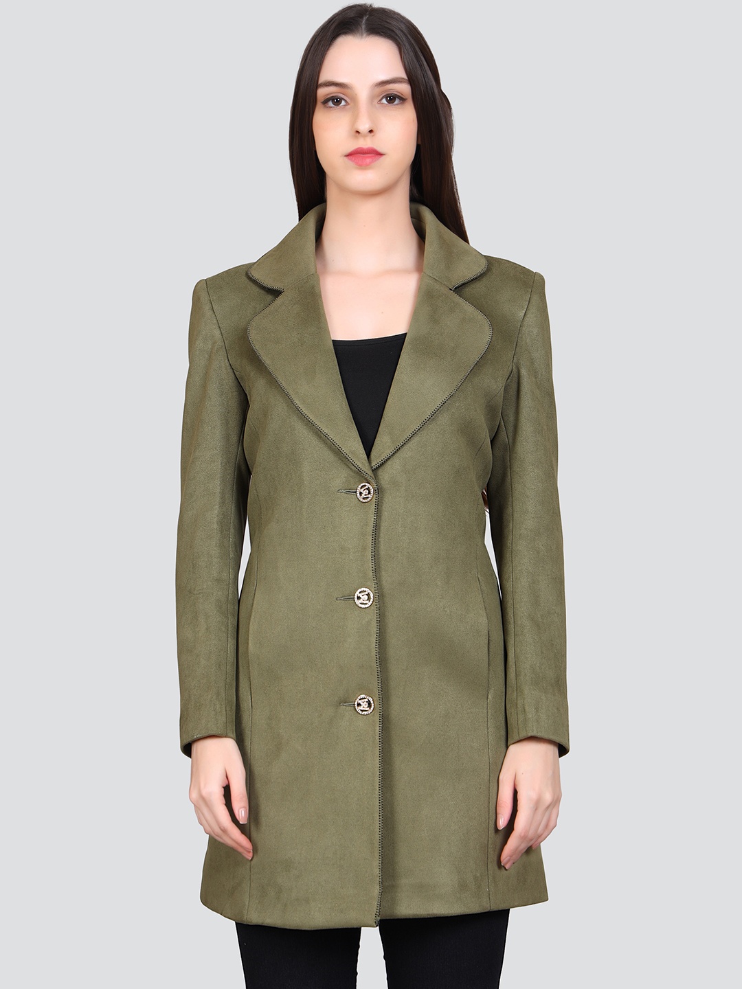 

YOUNG CLUB CLASSIC Self Design Notched Collar Long Sleeves Woollen Longline Overcoat, Green