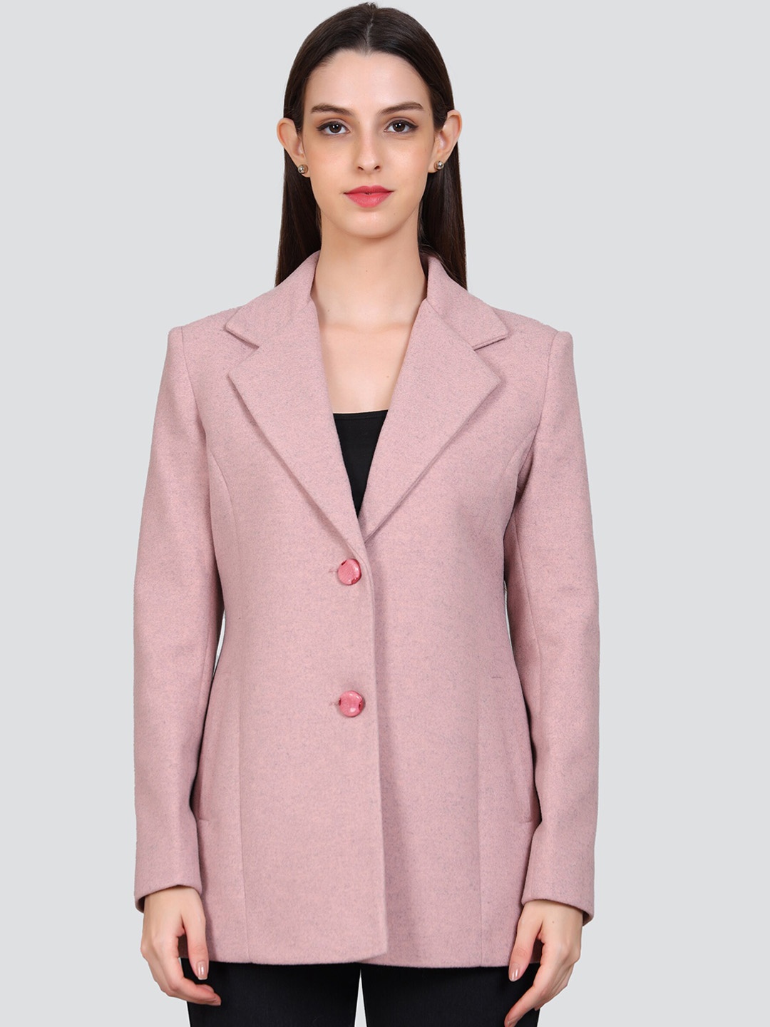 

YOUNG CLUB CLASSIC Self Design Notched Collar Long Sleeves Woollen Overcoat, Pink