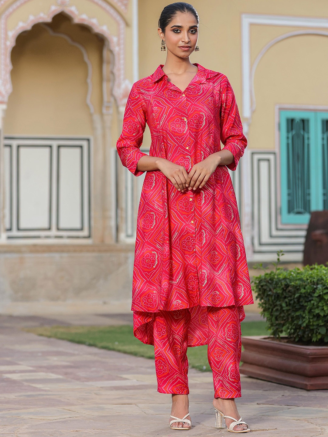 

SCAKHI Bandhani Printed Shirt Collar A-Line Kurta With Trousers, Pink