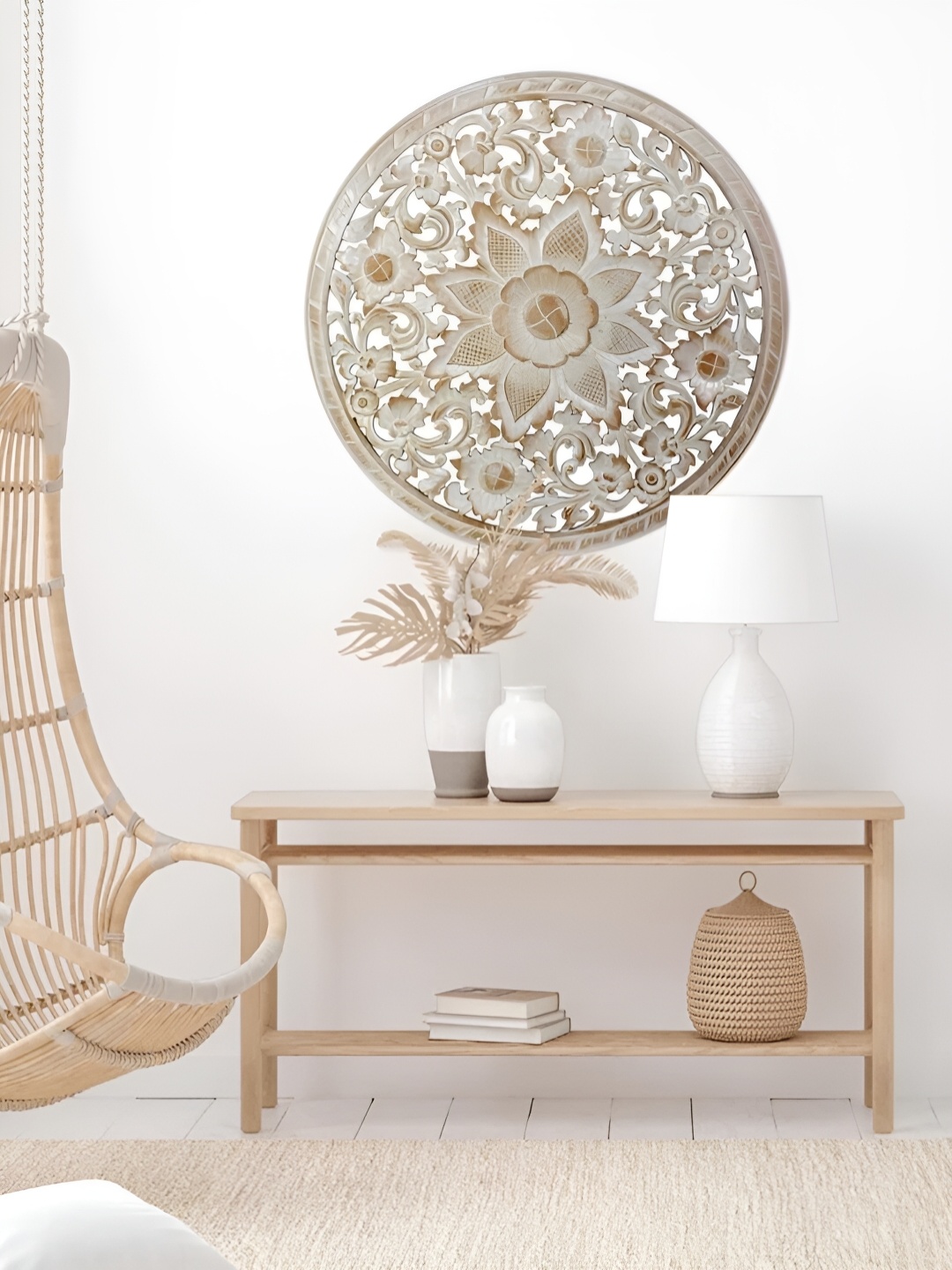 Duadecor White & Brown Floral Carved Round Wooden Wall Hanging