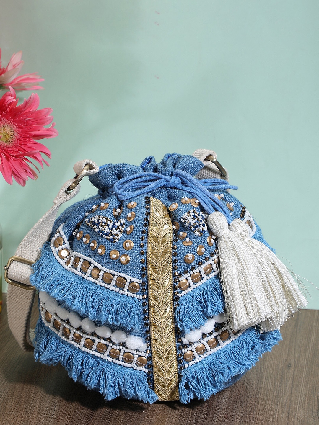 

ALII AND ALIIZEY Embellished Potli Clutch, Blue