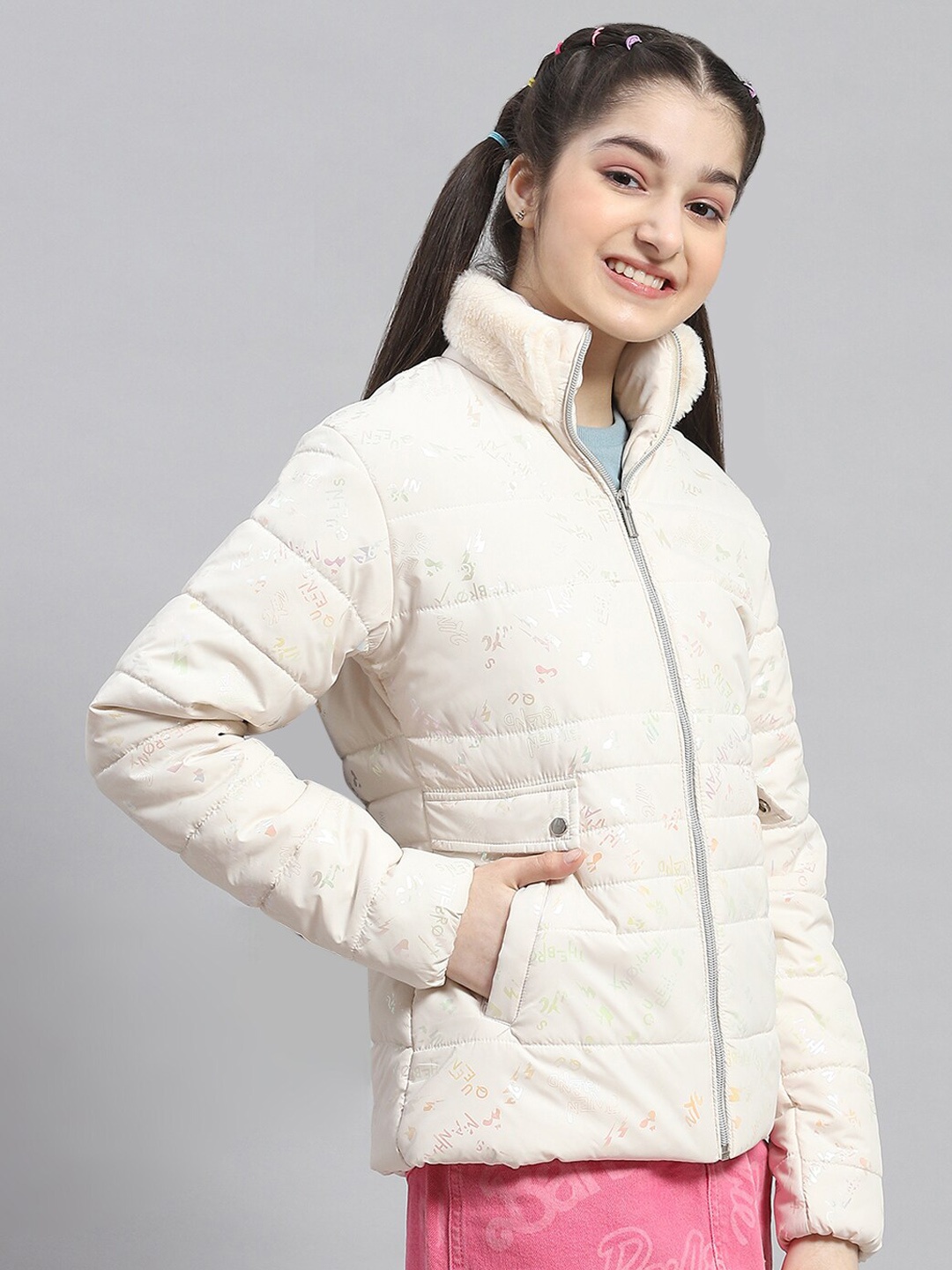 

Monte Carlo Girls Printed Stand Collar Lightweight Quilted Jacket, Off white