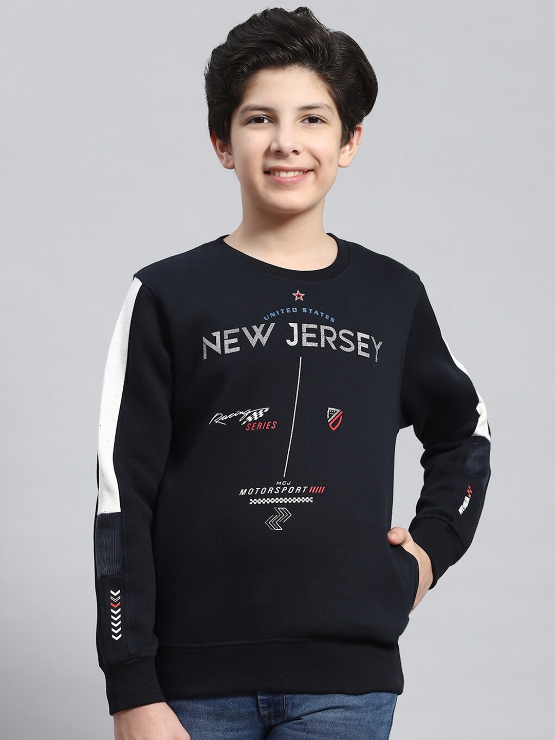 

Monte Carlo Boys Typography Printed Round Neck Pullover, Navy blue