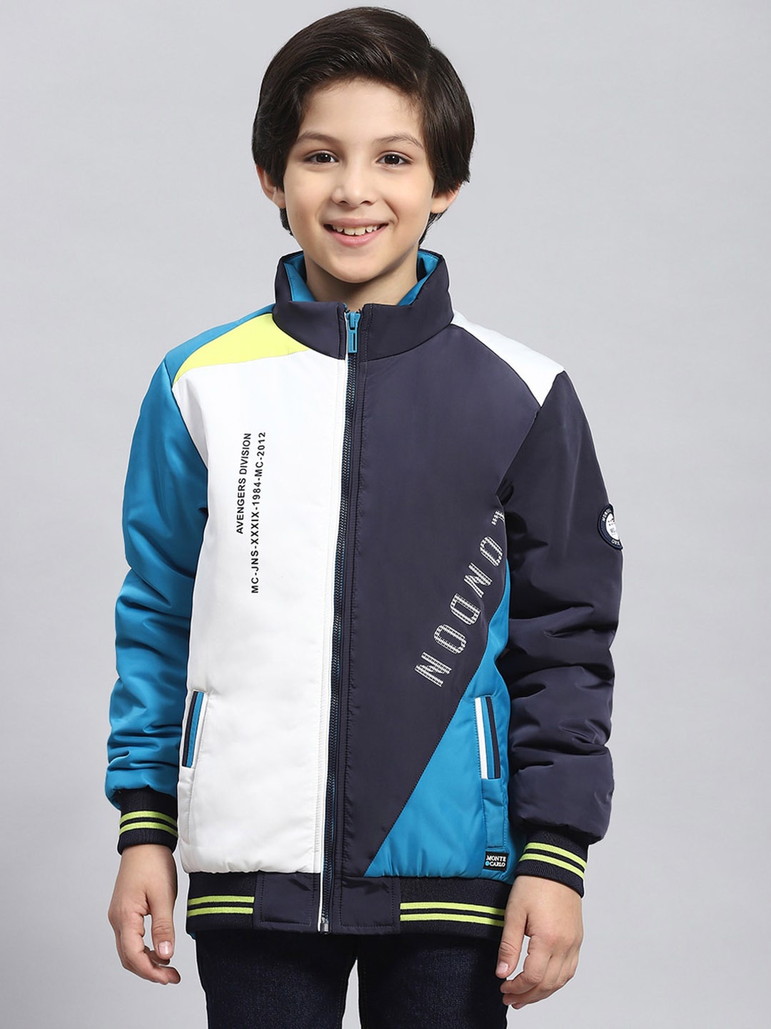 

Monte Carlo Boys Colourblocked Mock Collar Long Sleeve Lightweight Bomber Jacket, Navy blue