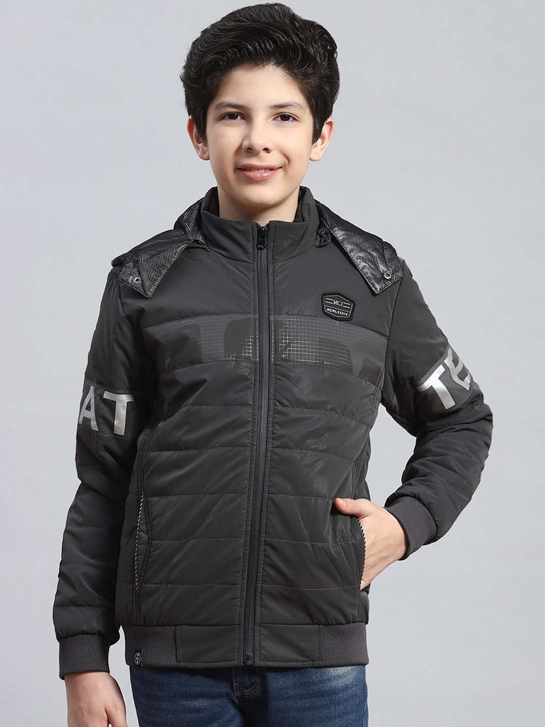 

Monte Carlo Boys Typography Printed Hood Lightweight Padded Jacket, Charcoal