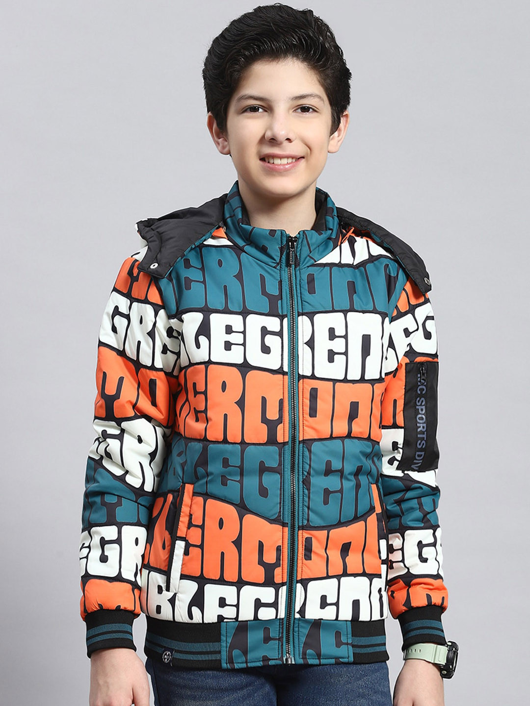 

Monte Carlo Boys Typography Printed Hooded Lightweight Bomber Jacket, Teal
