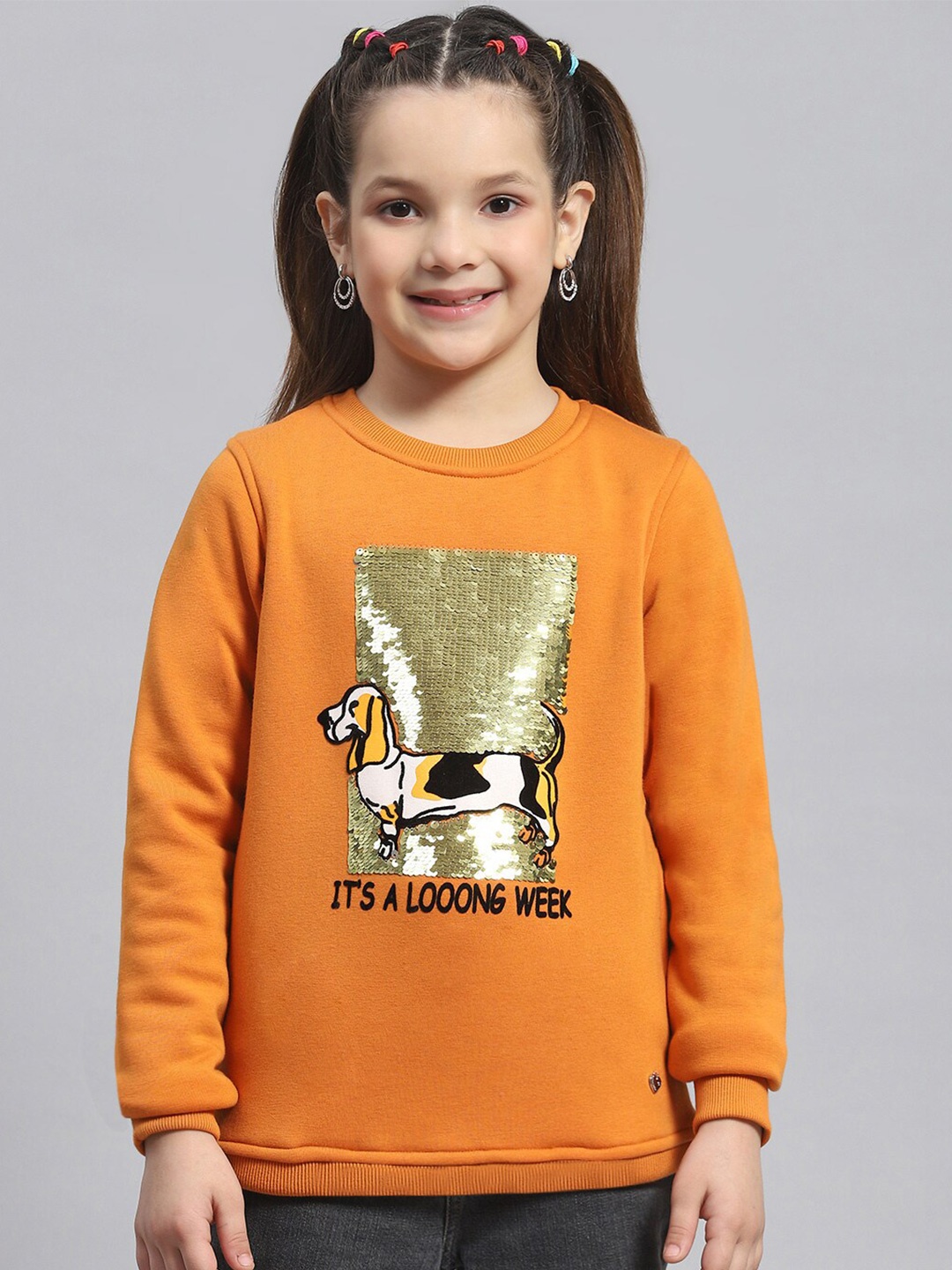 

Monte Carlo Girls Graphic Printed Embellished Pullover Sweatshirt, Orange