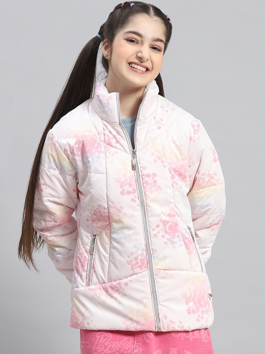 

Monte Carlo Girls Floral Printed Mock Collar Lightweight Padded Jacket, Pink