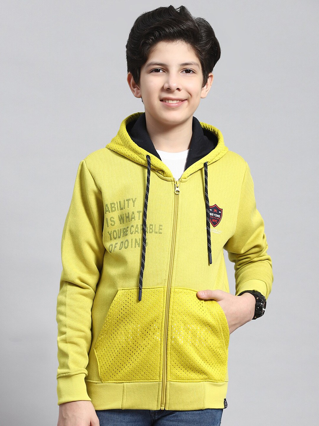 

Monte Carlo Boys Typography Printed Hooded Front-Open Sweatshirt, Lime green