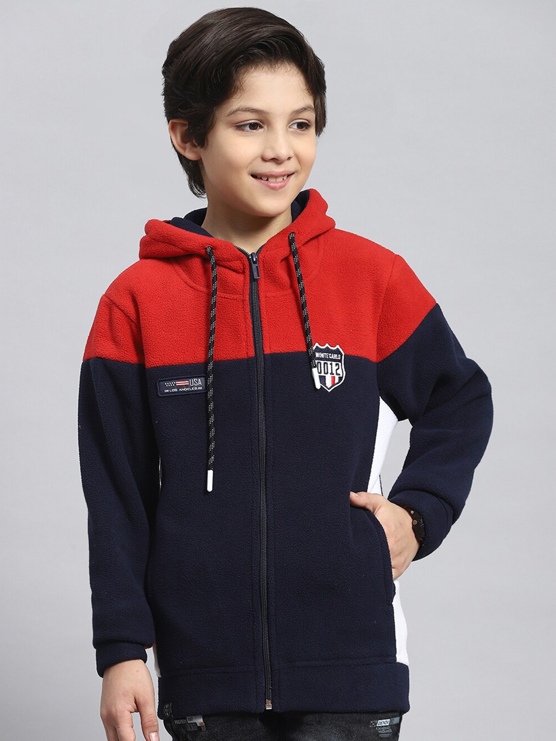 

Monte Carlo Boys Colourblocked Hooded Neck Long Sleeve Front-Open Sweatshirt, Red