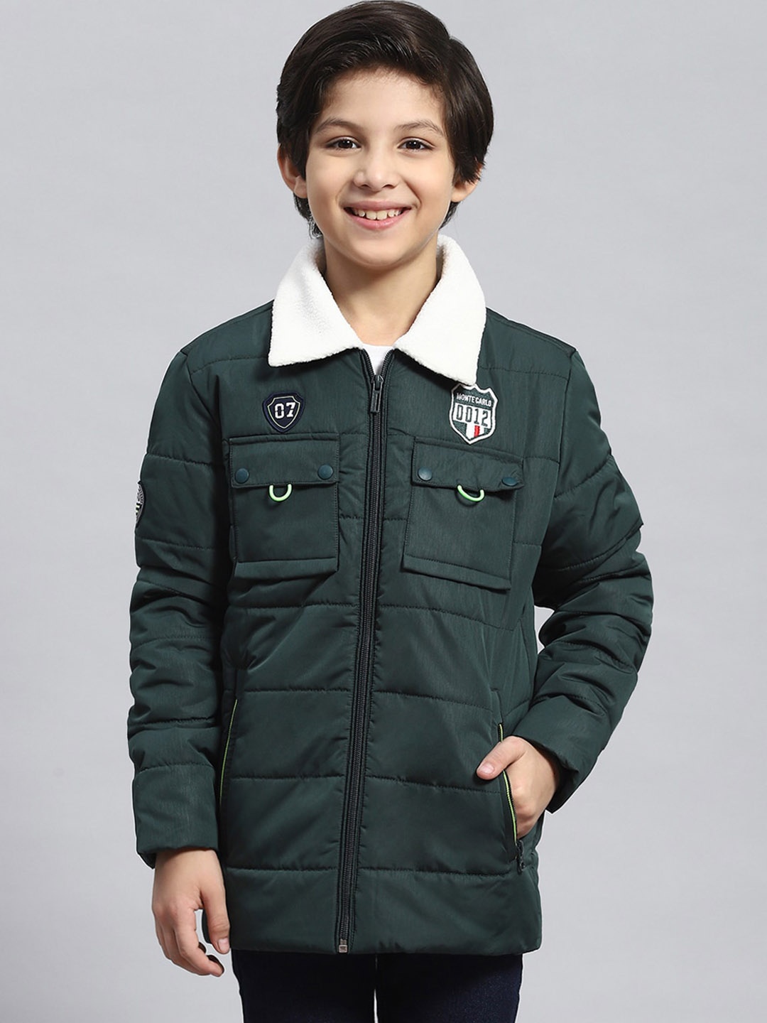 

Monte Carlo Boys Spread Collar Lightweight Applique Fur Longline Padded Jacket, Green