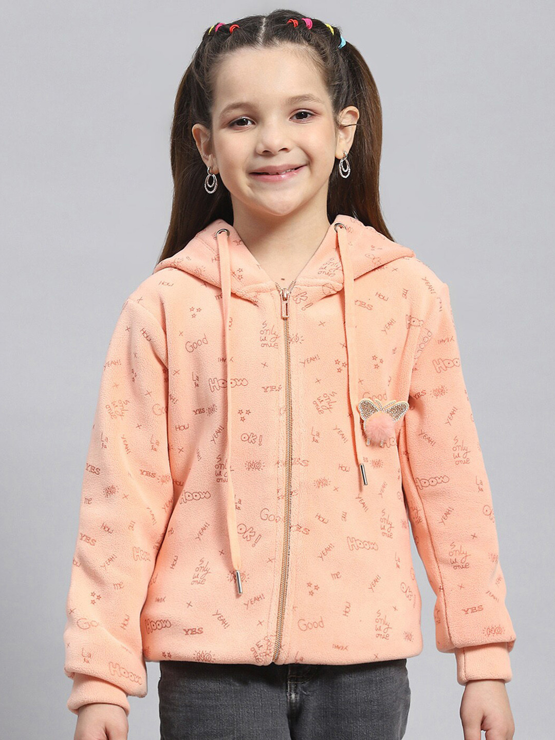 

Monte Carlo Girls Typography Printed Hooded Front-Open Sweatshirt, Peach