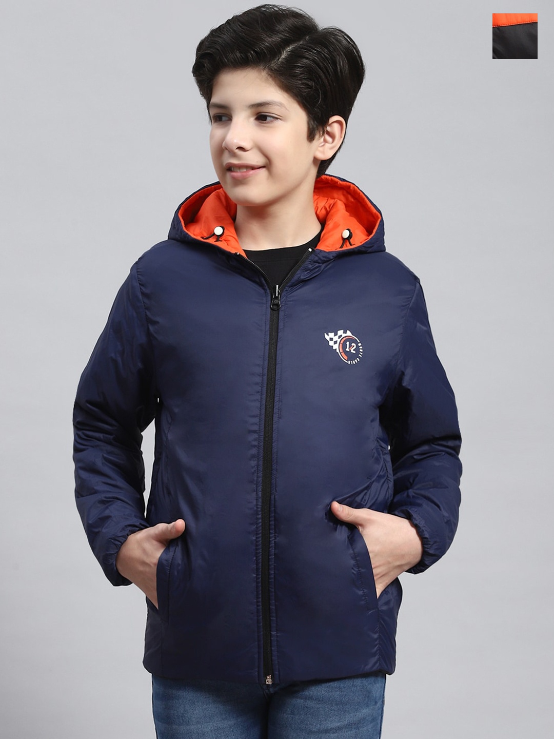 

Monte Carlo Boys Colourblocked Hooded Neck Long Sleeve Reversible Padded Jacket, Orange