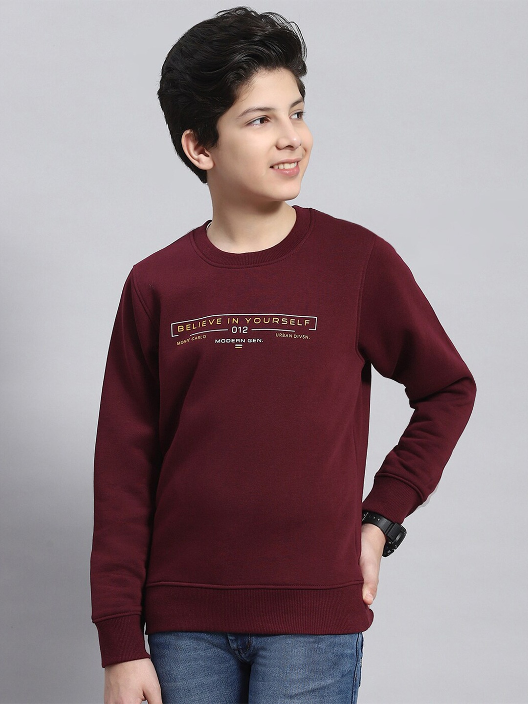 

Monte Carlo Boys Typography Printed Long Sleeve Pullover Sweatshirt, Maroon